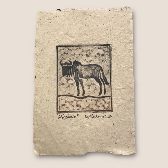 African Animal Print Etchings on Handmade Paper by Mukwiro Elephant & Wildbeast - Picture 6 of 8